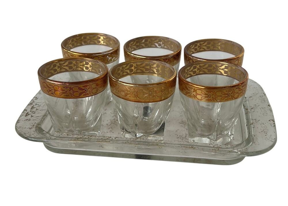 Lorren Home Trends Lorenzo Gold Band Shot Glass Set 6 with Tray Made in Italy